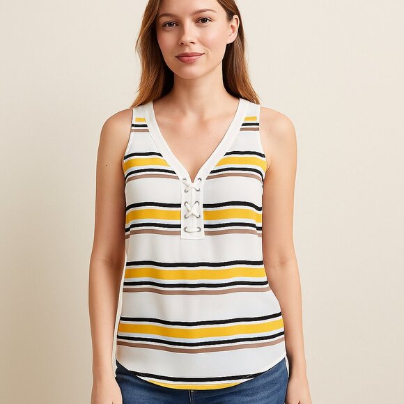 Stripped Yellow & Cream Lace-Up Front Tank Top XS - Picture 1 of 16